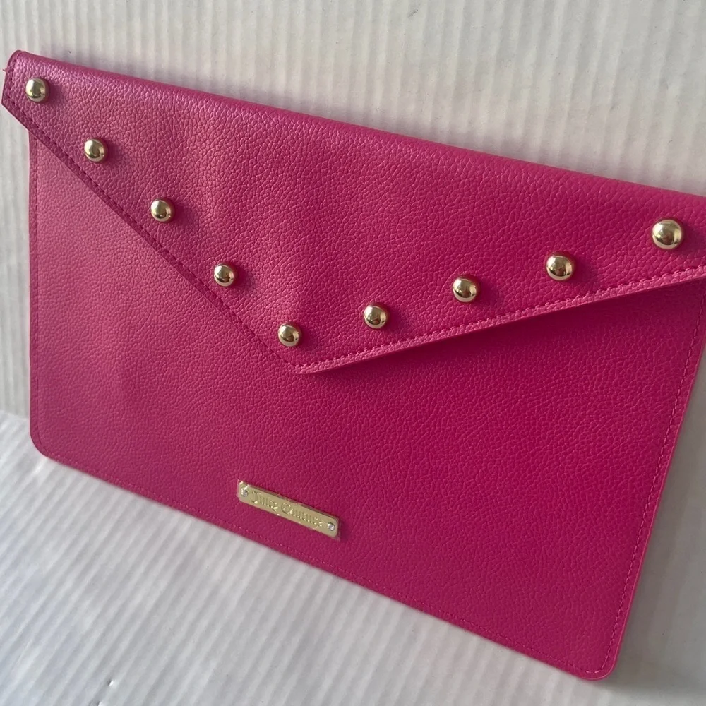 Juicy Couture Envelope Clutch Bag Bright Barbie Pink Gold Studs NWOT